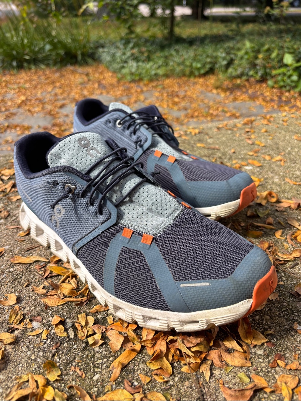 ON Cloud 5 Men’s Size 11.5 Navy Grey Canyon Orange Speed-Lacing Running Shoes